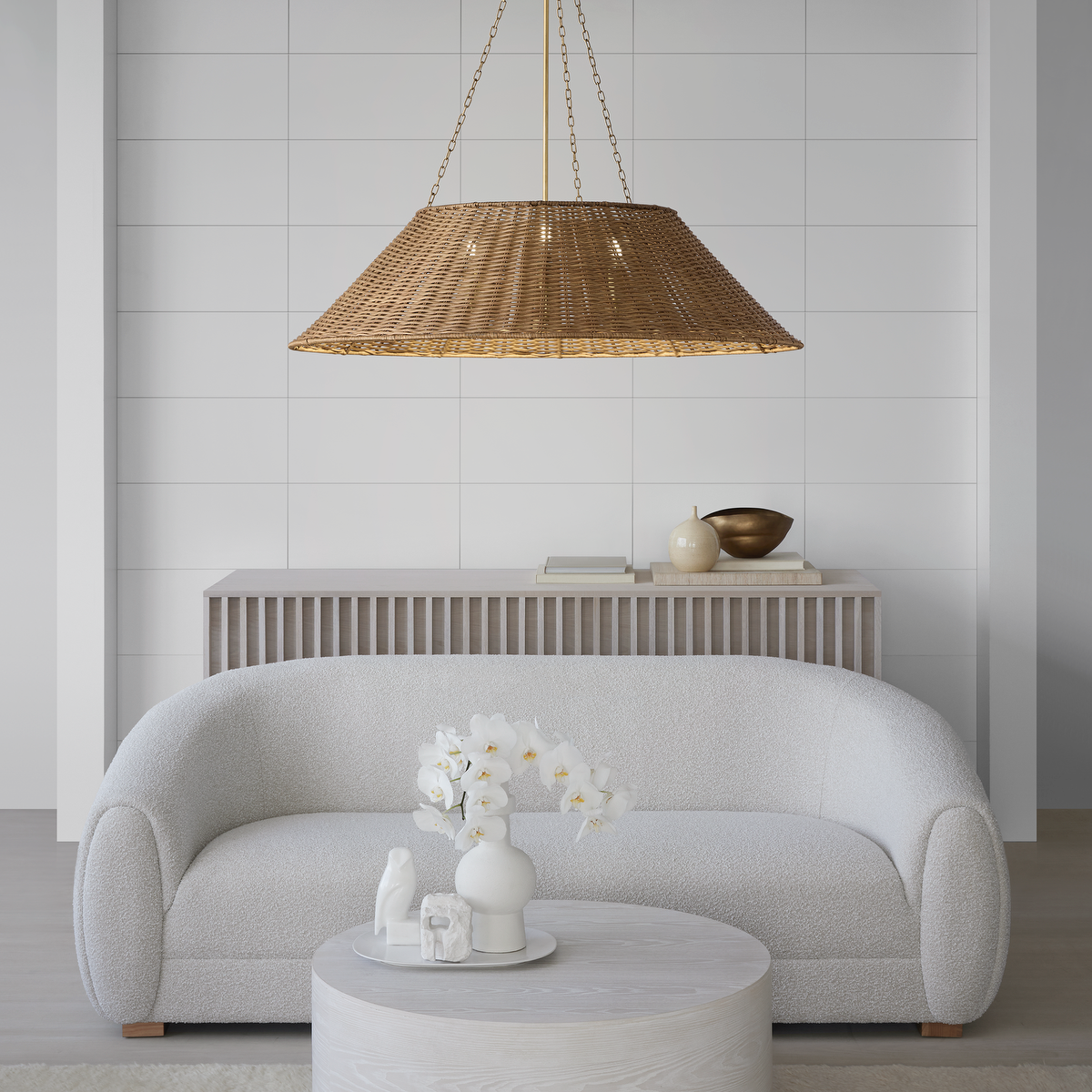 Corinne Extra Large Woven Hanging Shade | Soft Brass | Natural Wicker Shade