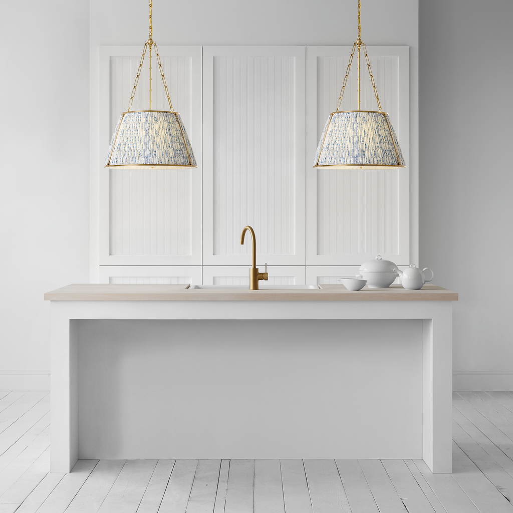 Allister 21" Hanging Shade | Hand-Rubbed Antique Brass | Schumacher Blue Aditi Pleated Shade