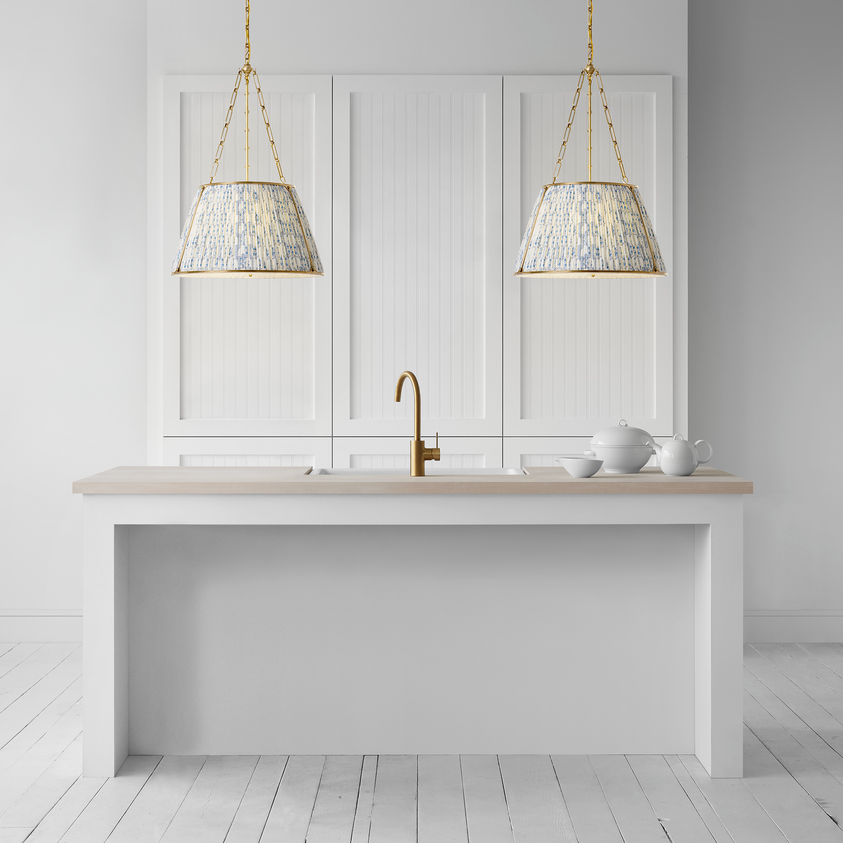 Allister 21" Hanging Shade | Hand-Rubbed Antique Brass | Schumacher Blue Aditi Pleated Shade