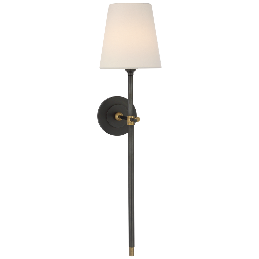 Bryant 27" Cordless Tail Sconce | Bronze and Hand-Rubbed Antique Brass | Linen Shade