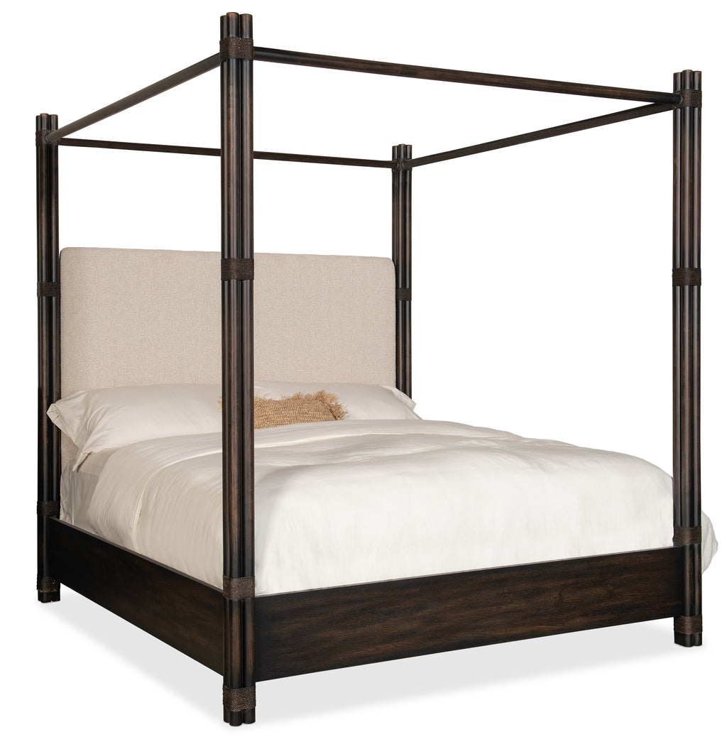 Retreat Pole Rattan Cal King Upholstered Poster Bed withCanopy | Black Sand